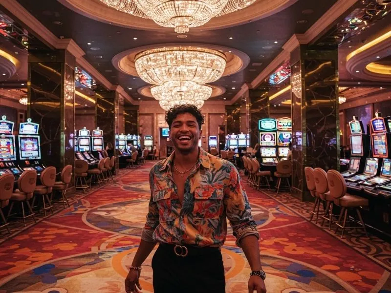 Happy man smiling and enjoying the casino nightlife while using the Apex Casino App