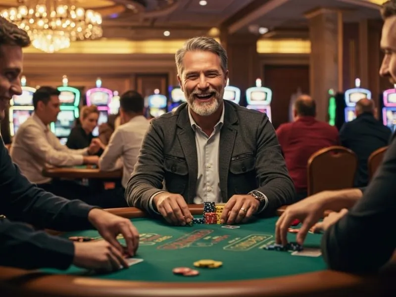 Man celebrating a big win with friends while playing on the Apex Casino App