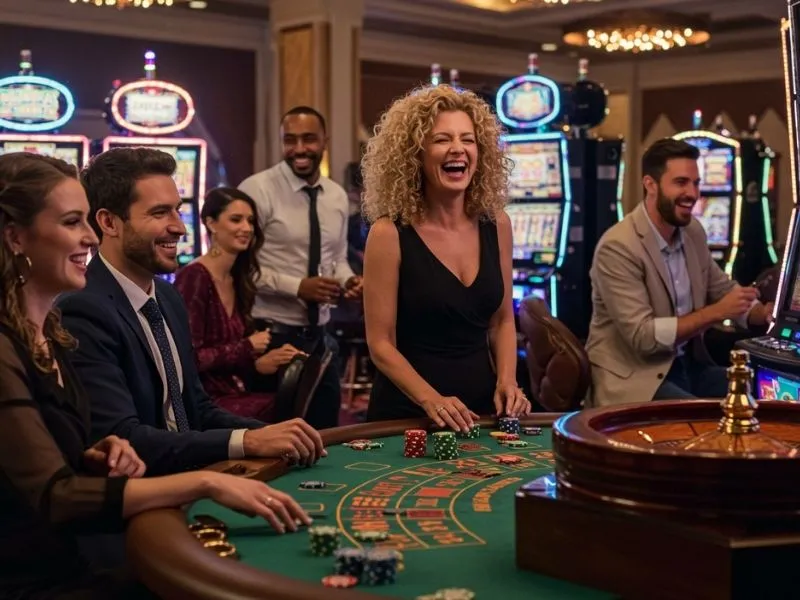 Joyful friends smiling and celebrating as the wheel spins in au777 online casino