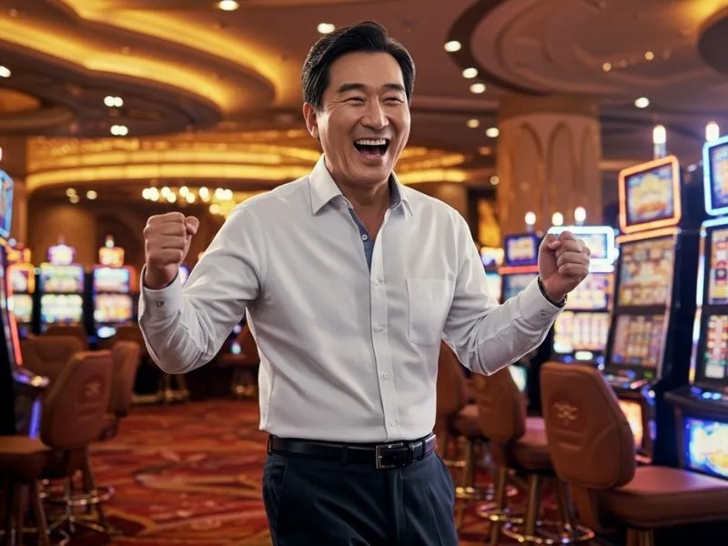 Joyful man laughing near a slot machine at au777 online casino