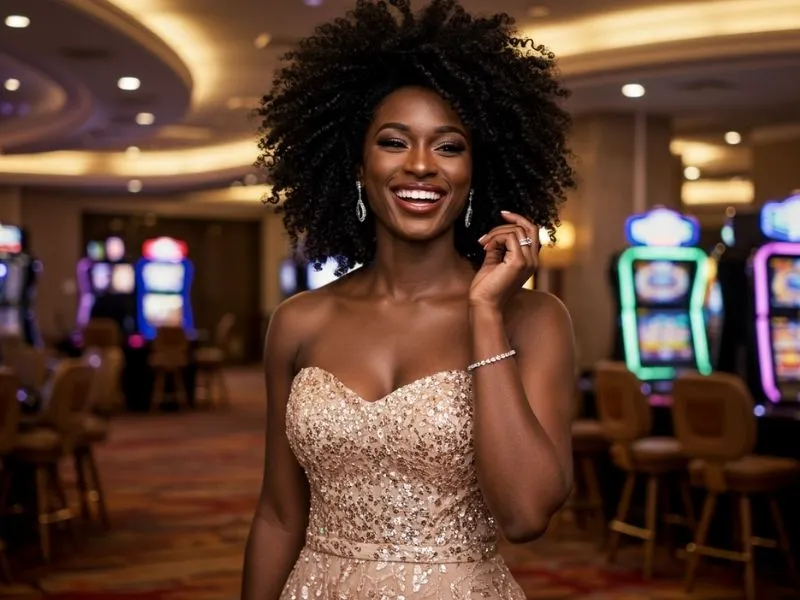 Smiling lady enjoying the vibrant casino floor at au777 online casino