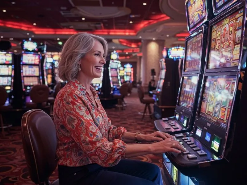 Smiling elderly woman enjoying slot machines at au777 online casino