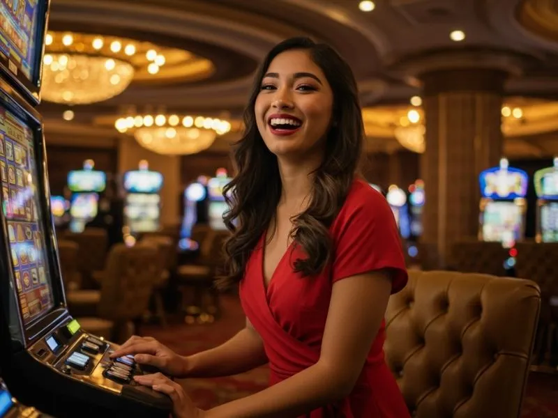 Joyful lady playing slot machines after signing into Chebet online casino login
