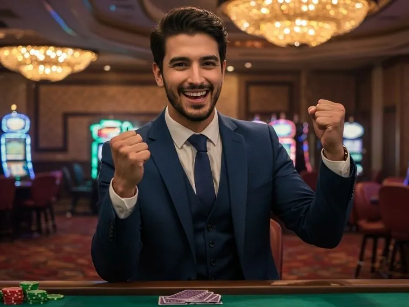 Joyful poker player celebrating a win at a table after accessing chebet online casino login