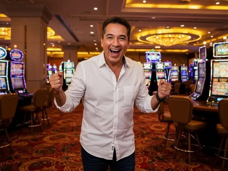 Joyful man celebrating a win on the casino floor after using chebet online casino login