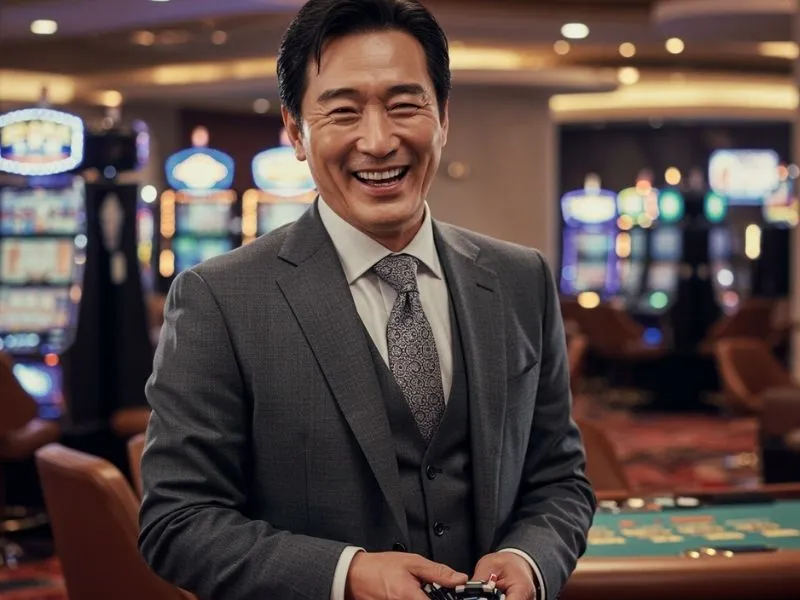 Joyful man enjoying an exciting night at City of Dreams online casino