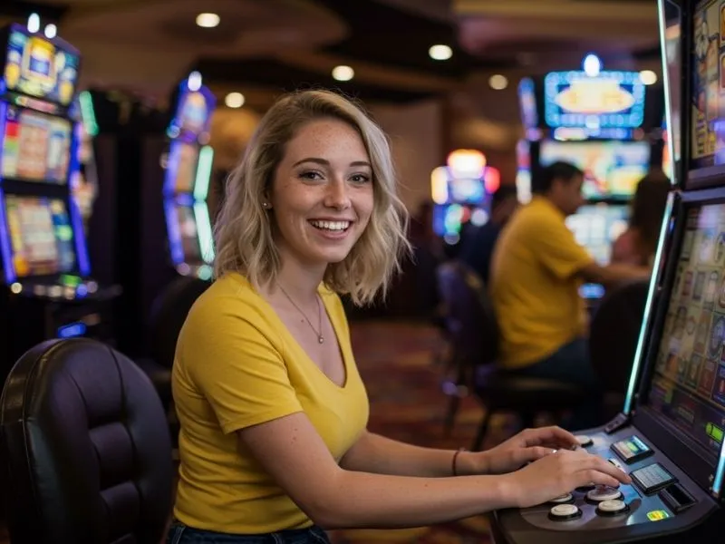 Lady enjoying slot machine play at city of dreams online casino