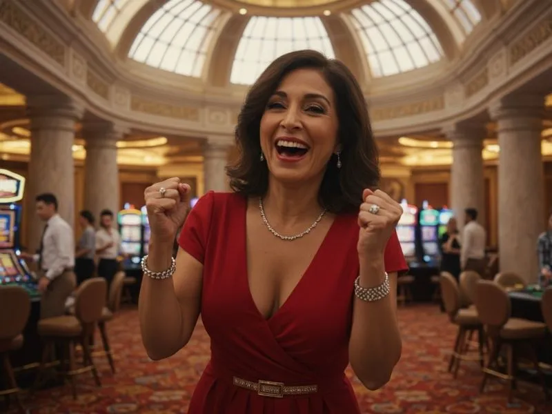 Smiling lady enjoying the casino floor at city of dreams online casino