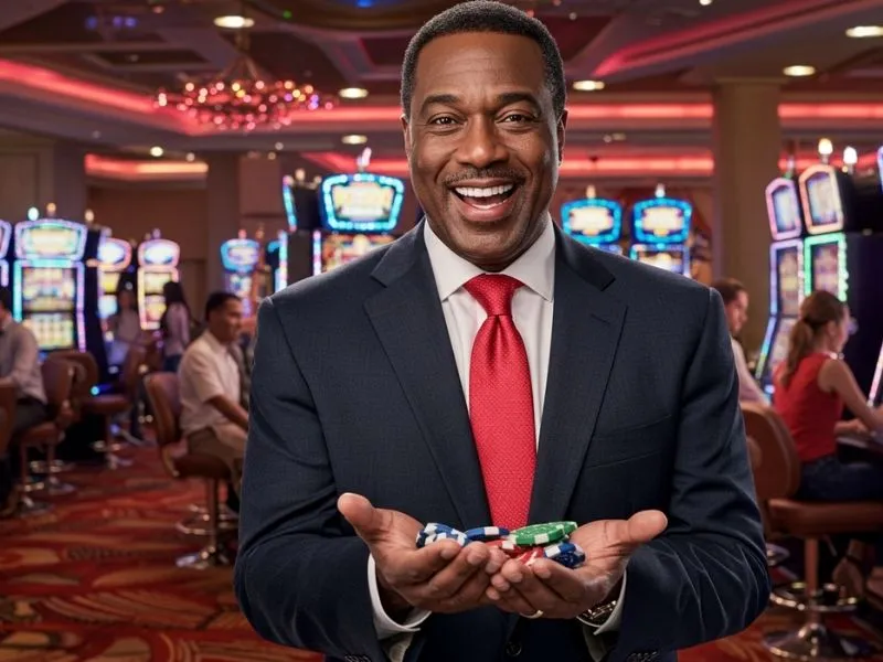 Winner smiling and holding casino chips after a successful do 888 casino login