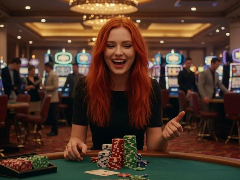 Woman smiling with her winnings after successfully using DO 888 casino login