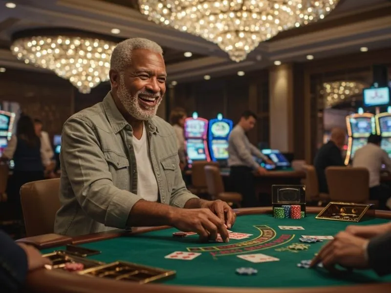 Happy man revealing poker cards while playing at Eureka Casino Online