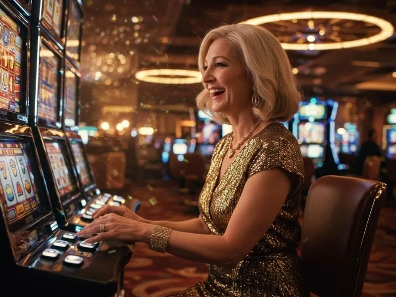 Lady happily playing colorful slot machines at Eureka Casino Online