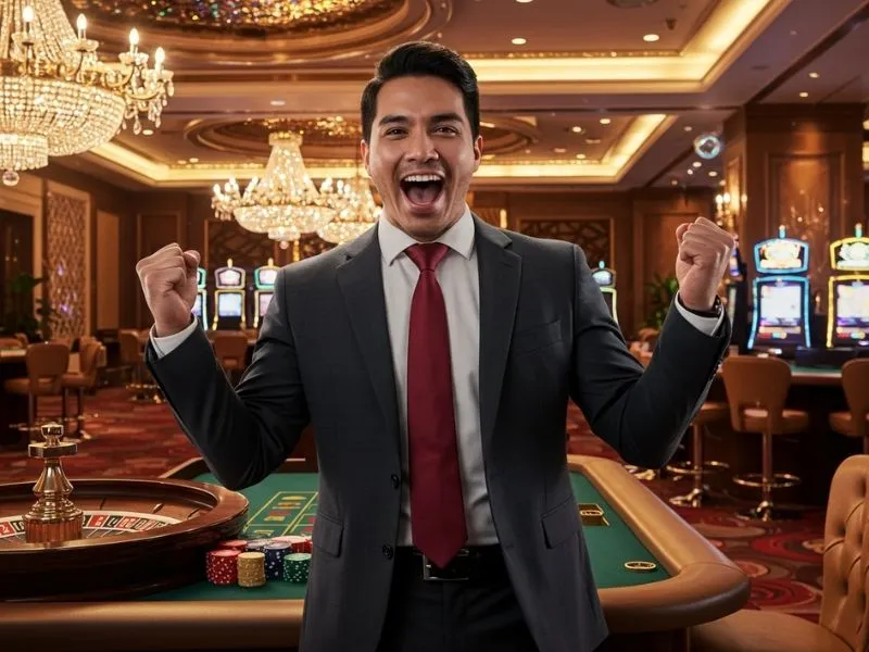 Man cheering with excitement after winning a big jackpot on Eureka Casino Online
