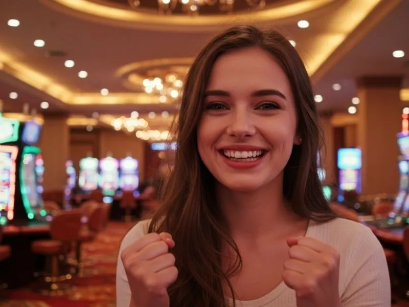 Smiling lady enjoying a fun night at Eureka Casino Online with vibrant casino lights