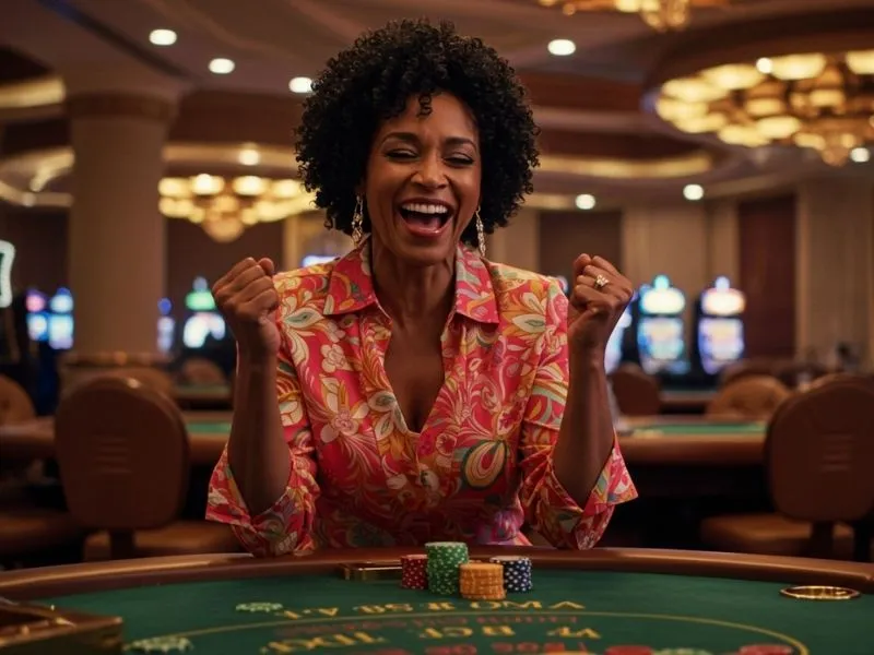 Happy woman cheering at a poker table in fhm63 online casino