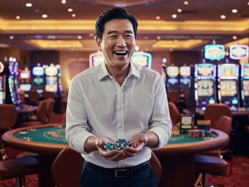 Joyful poker player celebrating a win at fhm63 online casino