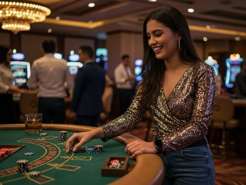 Smiling woman enjoying games at fhm63 online casino