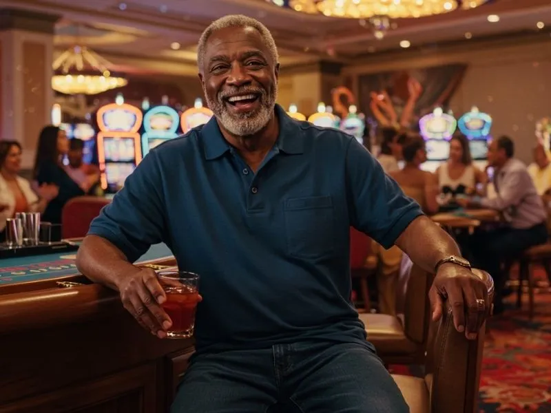 Man smiling and holding a drink while enjoying the lively atmosphere at G7Bet online casino
