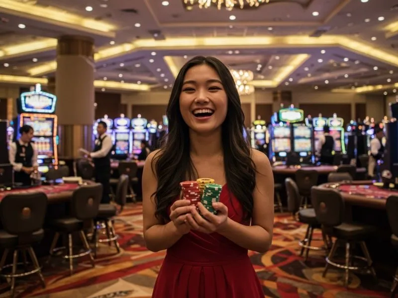 Excited woman celebrating her big win at g7bet online casino