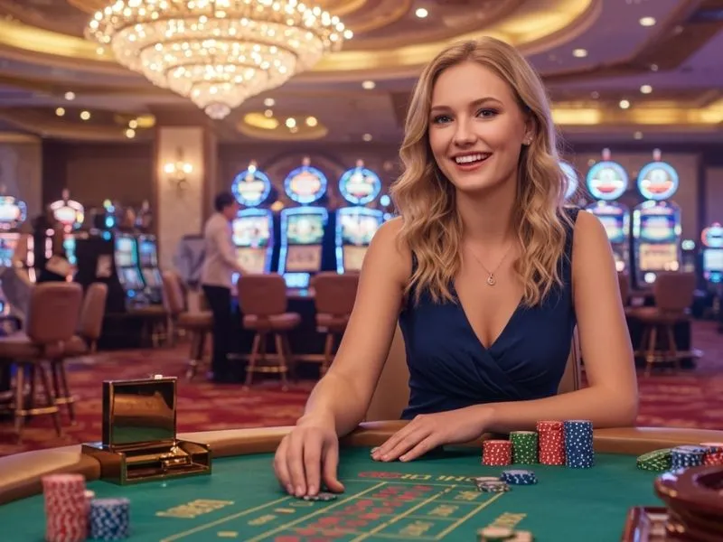 Smiling woman ready to place a poker bet at lodislot 777 casino online