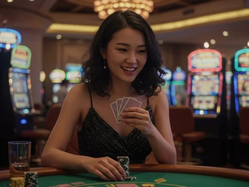 Confident woman holding poker cards at lodislot 777 casino online