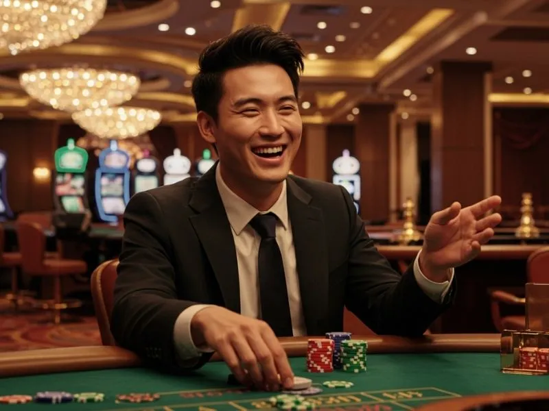 Man sitting happily at a poker table in Lucky Cola Casino, enjoying his winning streak