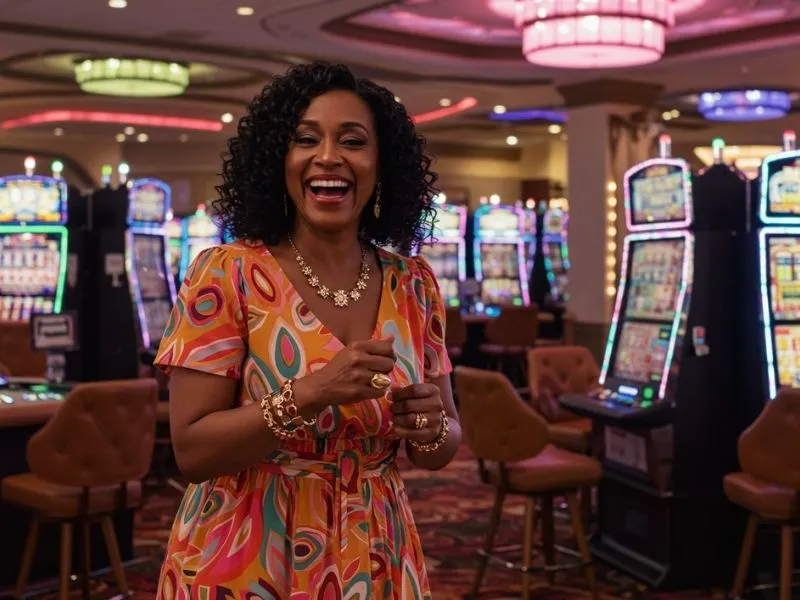 Woman posing happily at a slot machine inside Lucky Cola Casino