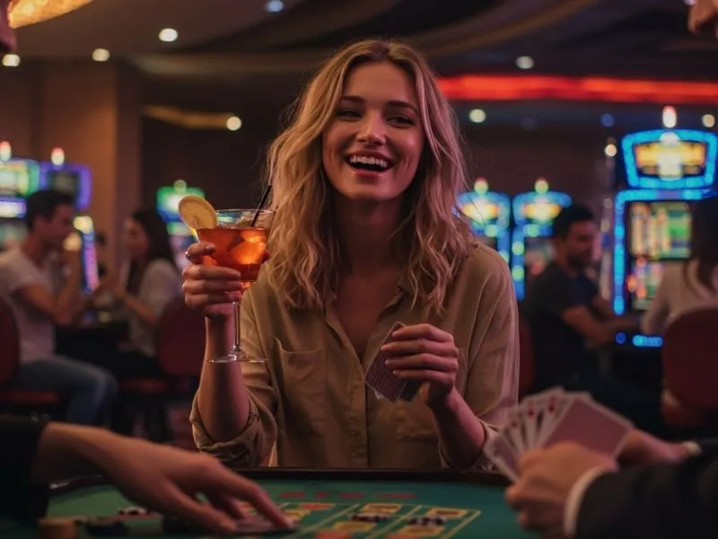 Woman smiling and playing poker with friends at Lucky Cola Casino