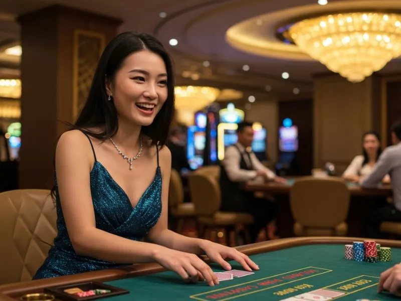 Elegant lady enjoying casino games at me777 online casino