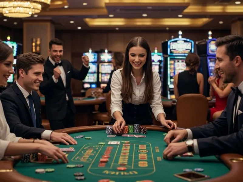 Smiling group of friends enjoying a fun poker night at me777 online casino