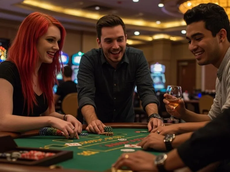 Friends laughing and enjoying a poker game at a monte carlo casino online setting