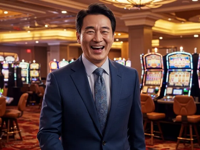 Man smiling near colorful slot machines at a monte carlo casino online setting