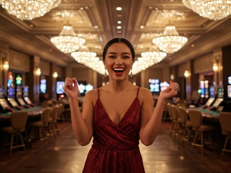 Smiling lady posing confidently on the casino floor at Oklaro Casino
