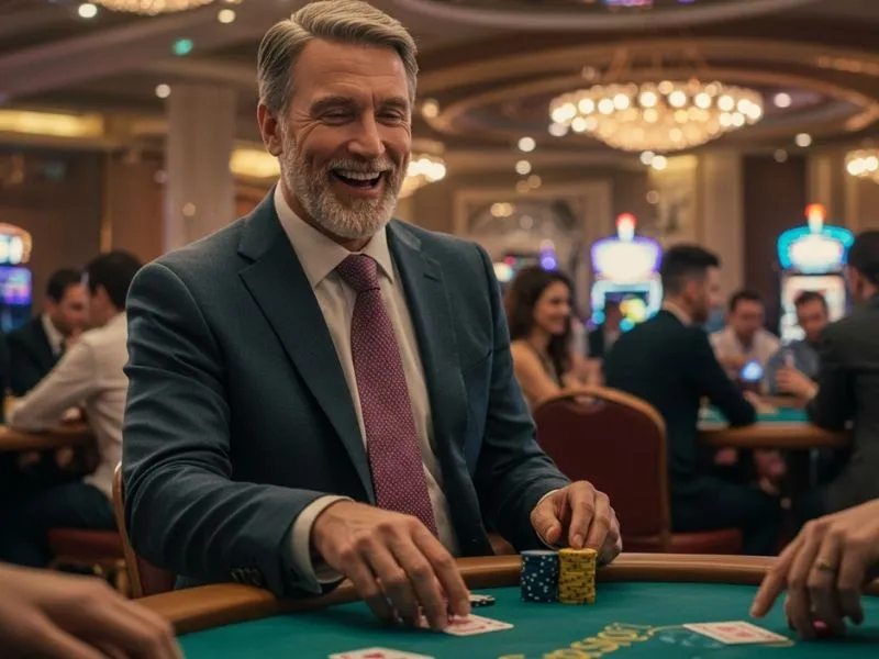 Smiling man holding poker chips at a table in Oklaro Casino
