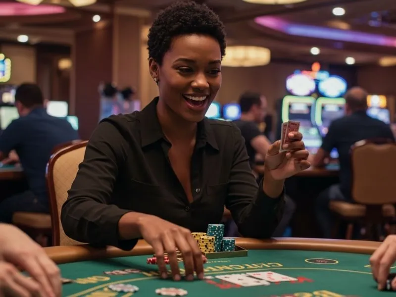 Woman playing poker cards happily at Oklaro Casino, enjoying the exciting atmosphere