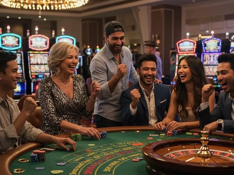 Online casino agent and friends excitedly watching the roulette wheel spin in a lively gaming environment