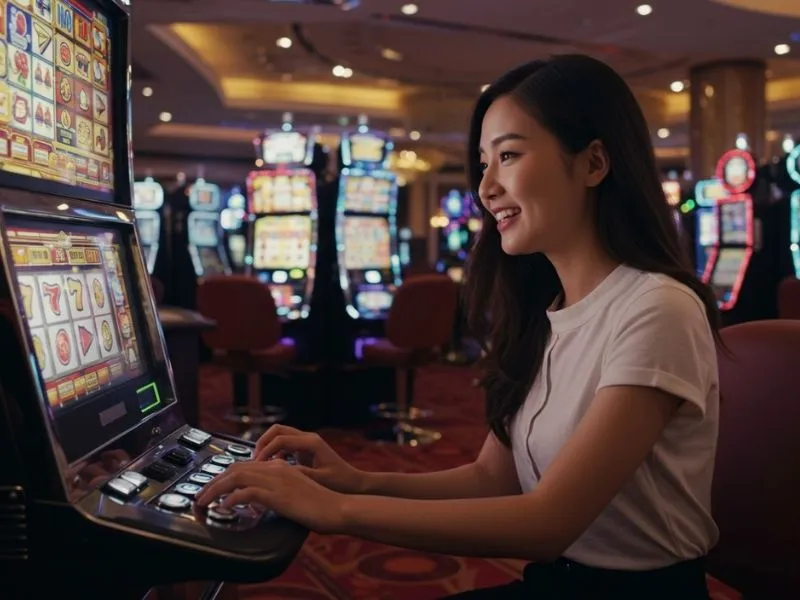 Happy woman player assisted by an online casino agent while enjoying slot machines