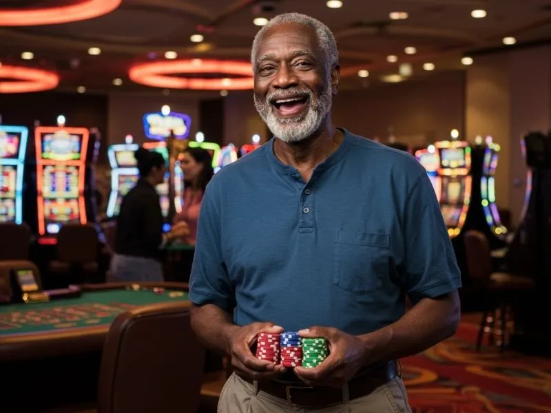 Smiling old man holding his winning chips with the help of an online casino agent