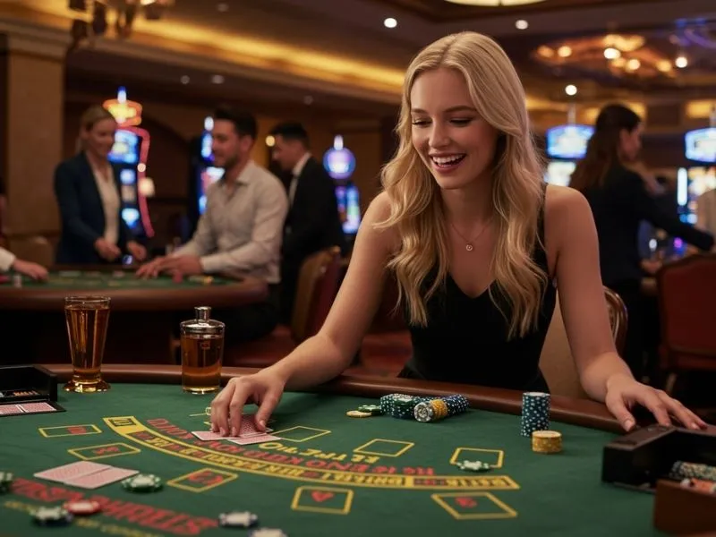 Online casino agent assisting a poker player placing cards on the table
