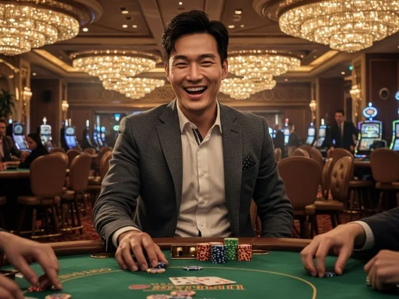 Online casino Manny Pacquiao player smiling with friends while enjoying a fun casino night
