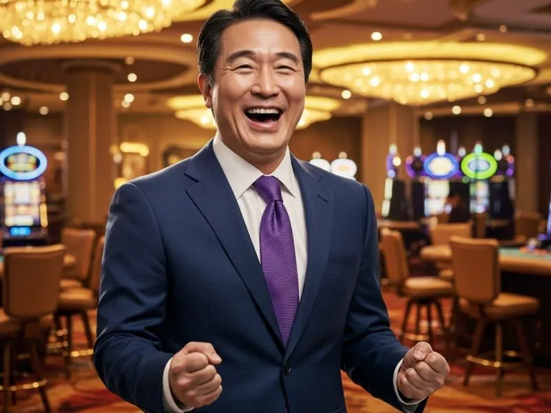 Joyful man having fun in a casino inspired by online casino Manny Pacquiao experience