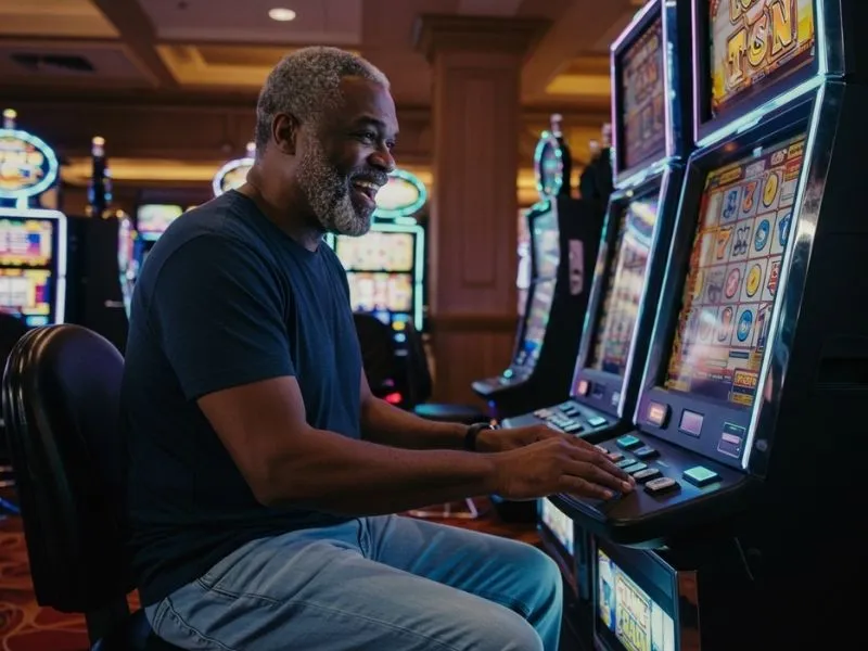 Smiling man pressing the spin button at an online casino Manny Pacquiao-themed slot machine