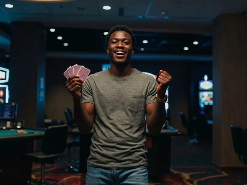 Happy man smiling while holding poker cards in an online casino PayPal Philippines setting