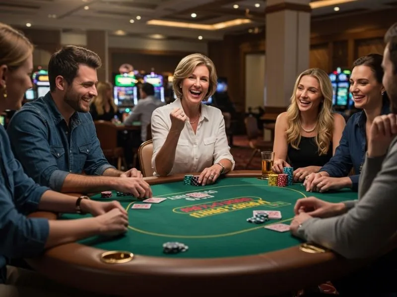 Woman cheering with poker friends while playing at an online casino PayPal Philippines game night