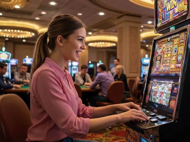Joyful woman winning on a slot machine at an online casino Philippines PayPal platform