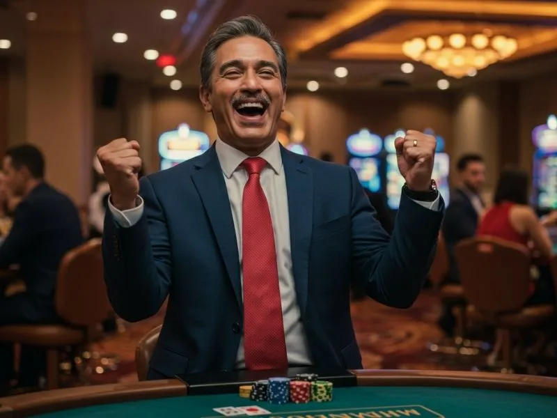 Excited man cheering after a big poker win in an online casino Philippines PayPal game