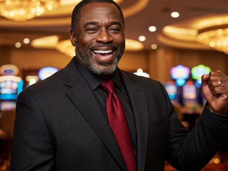 Happy man walking through a lively casino floor representing the excitement of online casinos Casinomentor