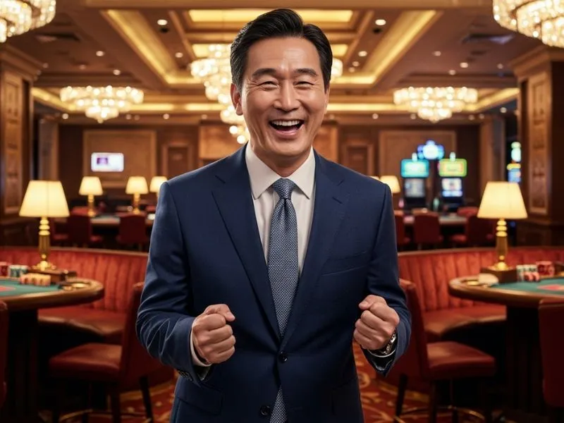 Man smiling confidently in a casino lobby representing online casinos casinomentor