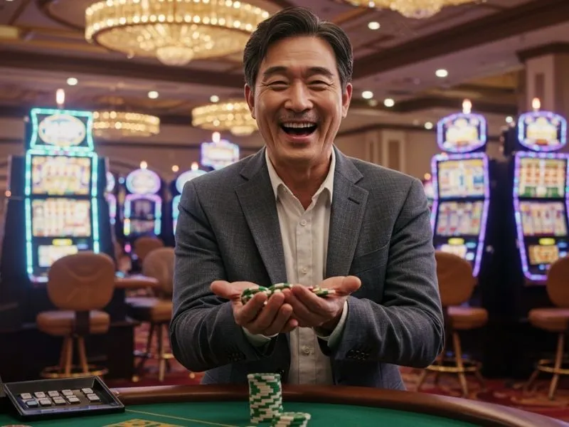 Poker player holding chips and smiling in an online casinos Casinomentor setting