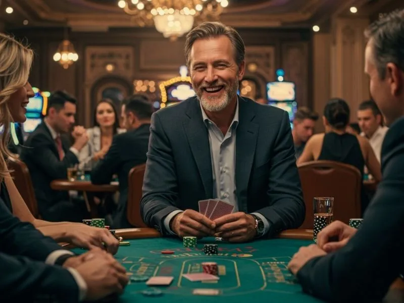 Smiling poker player showing a full winning hand at online casinos casinomentor table